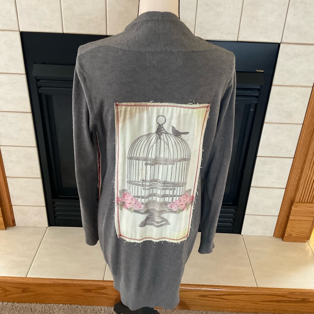 The Nu Vintage Gray w/Red/White Stripe on Sides, Open Front Long Sweater Vest, S - Picture 1 of 11